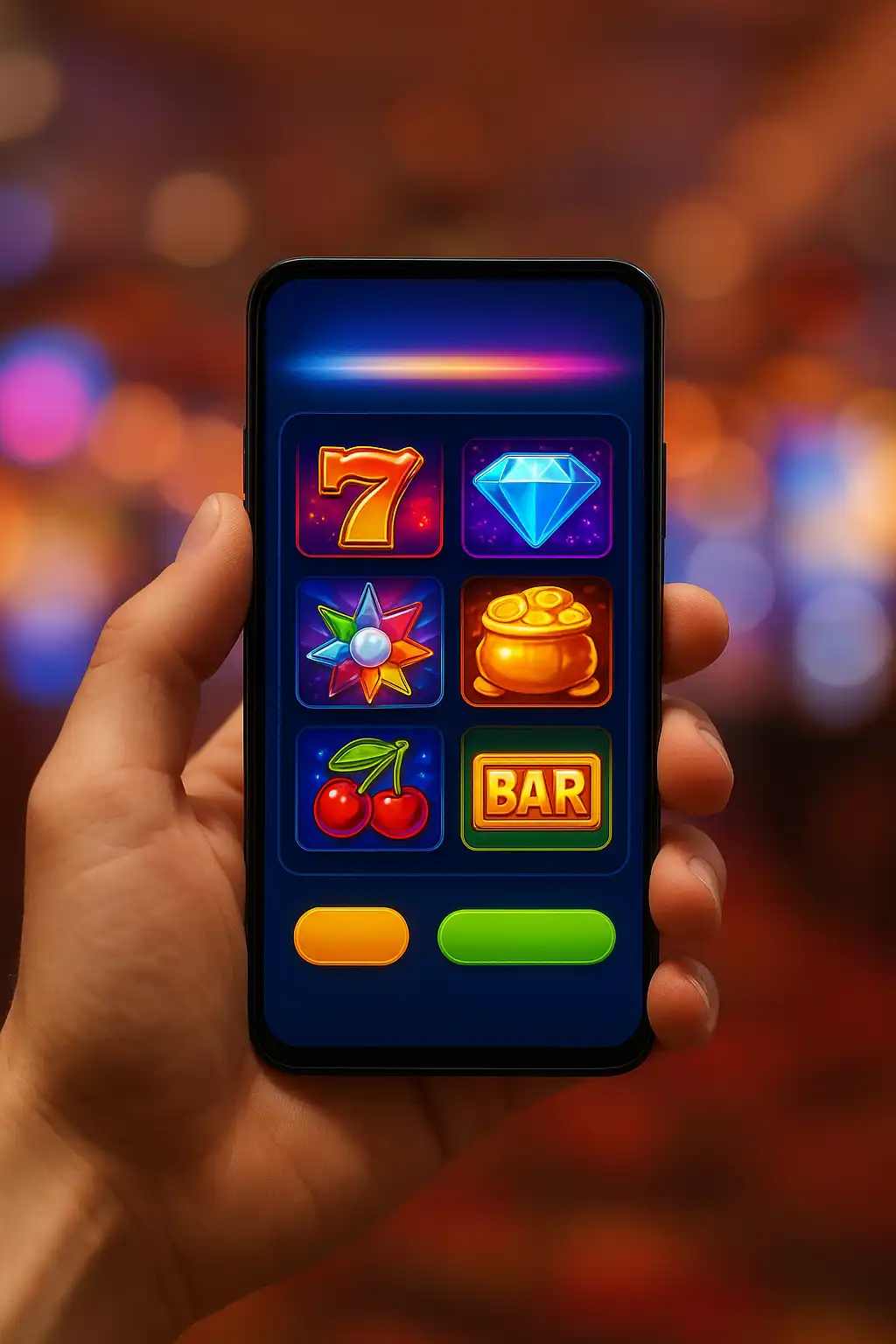 Smartphone screen displaying a casino slot game lobby in a hand